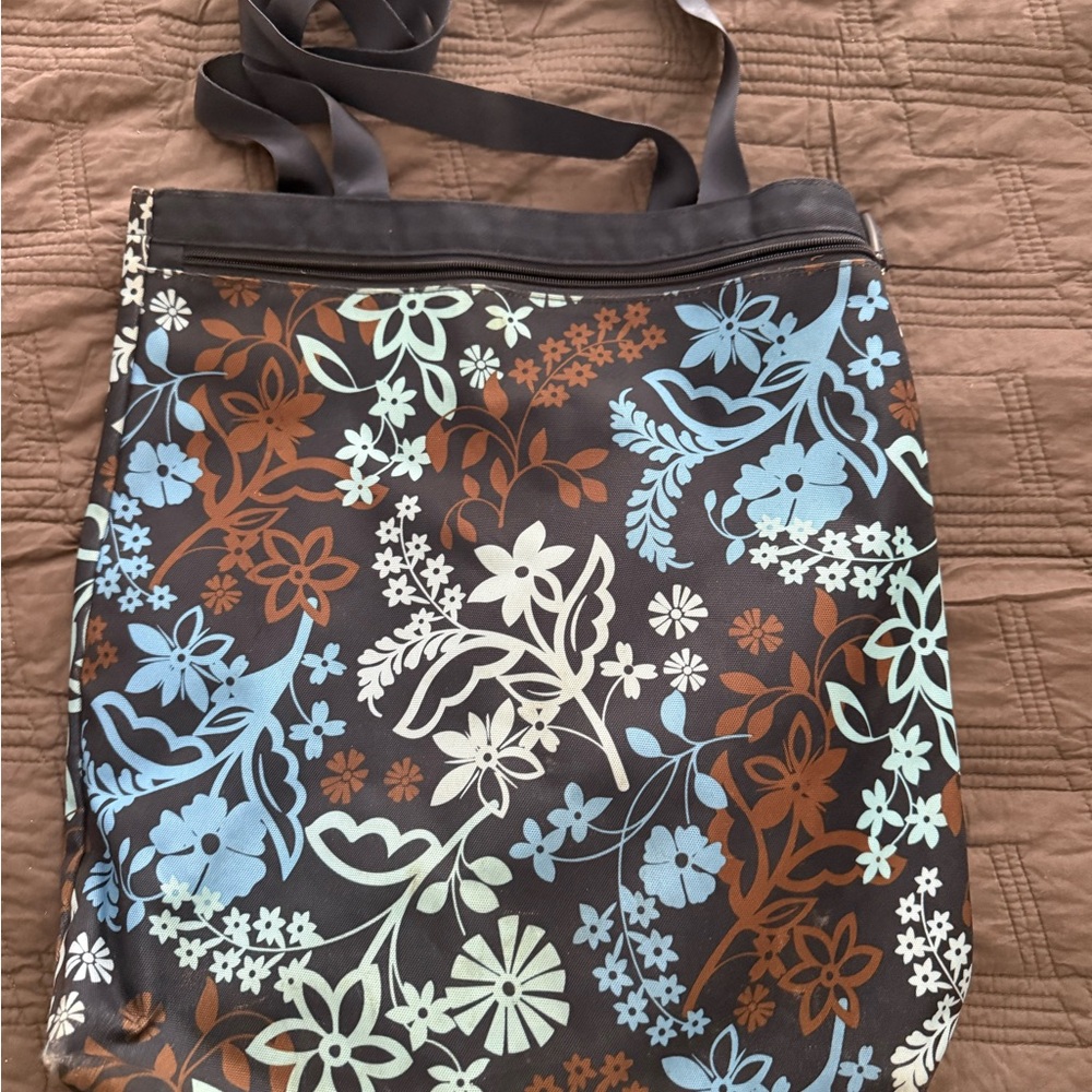 Vera Bradley Floral Print Tote Bag in Brown with Blue & Cream Accents